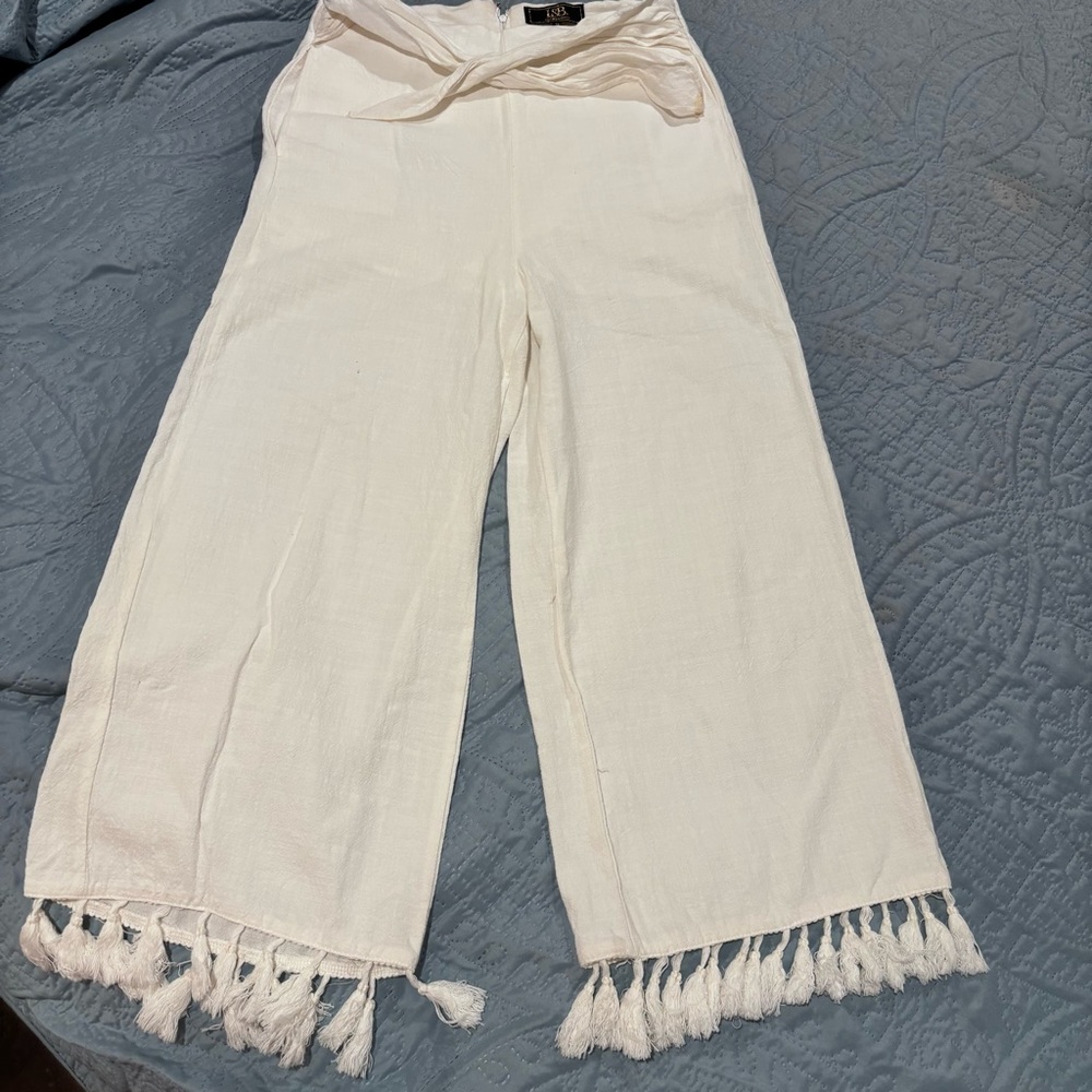 L&B Wide Leg White Fringe Hem Pants